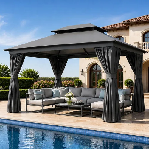 Miniatura 23 de Aoxun Gazebo para exteriores de 8 x 8 pulgadas para patio, toldo con marco de metal, cenador pequeño de doble techo resistente, kiosco para patio