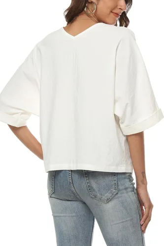 Miniatura 2 de LNX Camisas de lino con botones y cuello en V para mujer, blusas casuales de verano