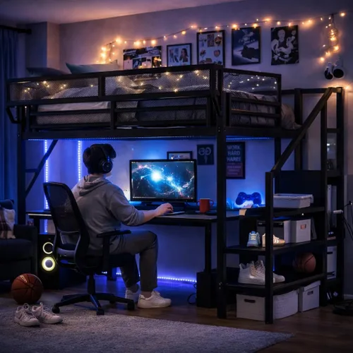 Miniatura 25 de Base de cama Queen Loft con escaleras y almacenamiento, marco de cama de metal resistente, capacidad de 800 libras, para adultos y adolescentes