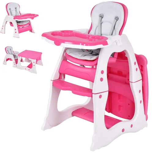 Costzon Silla alta para bebé, juego de mesa y silla infantil 3 en 1, asiento elevador convertible con bandeja de alimentación ajustable de 3 Rosa