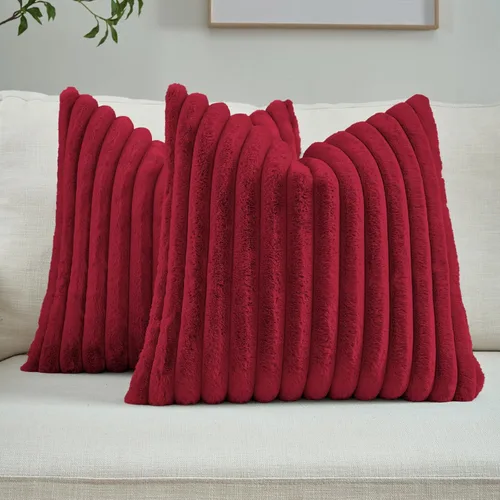 Miniatura 16 de FUTEI - Juego de 2 fundas de almohada decorativas con rayas, cuadradas, para invierno, piel sintética de conejo suave y acogedora y respaldo