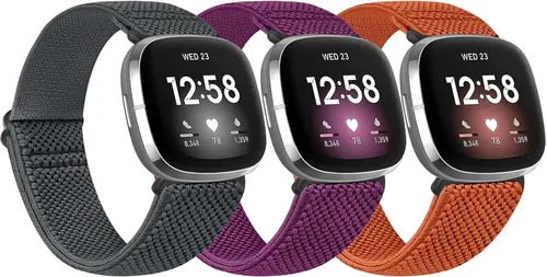 Miniatura 13 de Paquete de 3 correas elásticas de nailon compatibles con Fitbit Versa 4/Versa 3/Sense 2/Sense, suave, ajustable, transpirable, correas de repuesto