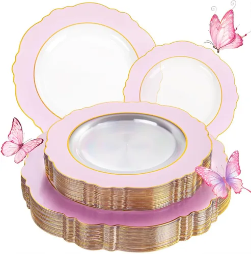 Miniatura 12 de WDF 100 platos de plástico plateado, diseño barroco de alta gama, platos blancos y plateados resistentes para fiestas de Navidad y bodas de lujo