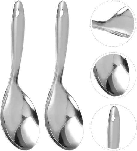Miniatura 9 de Kichvoe Juego de 3 cucharas de arroz de acero inoxidable, cucharas de cocina ligeras, cuchara de arroz para servir sopas y guisos, fácil