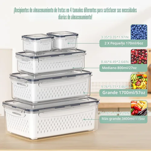 Miniatura 2 de 5 recipientes de almacenamiento de frutas para refrigerador con colador extraíble y tapa con asa, organizadores y almacenamiento de refrigerador
