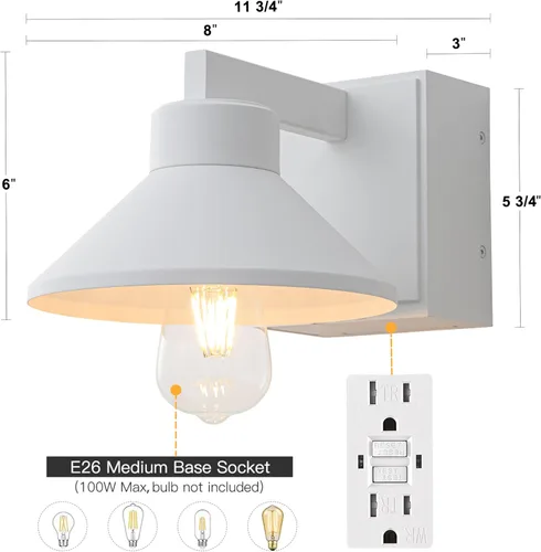 Miniatura 5 de Aplique de pared para exteriores con salida GFCI blanco mate, impermeable, antioxidante, aluminio, iluminación exterior de granero, montaje