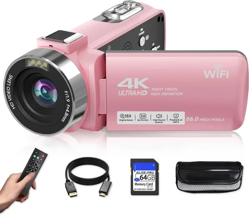 Videocámara, Grabadora de Video Digital 4K 56MP 18X Zoom 3" Pantalla Táctil con Rotación de 270° Visión Nocturna IR, Cámara para Vlogs WiFi para Rosa