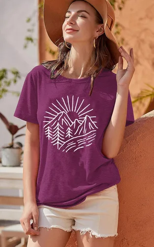 Miniatura 39 de Camisetas sin mangas de senderismo y montaña para mujer, divertidas camisetas de entrenamiento con gráficos de pino y amanecer, camisetas de verano