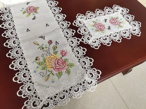 Miniatura 5 de AMT - Camino de mesa de lino bordado con punto de cruz floral de Venecia - Beige/Blanco (Beige, 12 x 18 OB.)