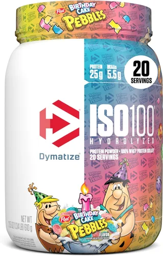 Dymatize x Birthday Cake Pebbles ISO100 Proteína de suero aislado en polvo, 0.88 oz de proteína, 20 porciones, 0.19 oz de BCAA, 120 Cal., Sin