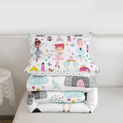 Miniatura 6 de Juego de Edredón de Princesa de Ballet para Niñas Tamaño Individual, Juego de Ropa de Cama de Castillo Arcoíris Kawaii Flores Lindas Mariquita Multi
