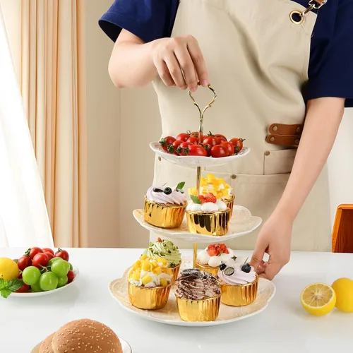 Miniatura 7 de Soporte de cerámica para cupcakes de 3 niveles, bandeja escalonada blanca para cupcakes, soporte de servicio de 3 niveles para fiesta de té