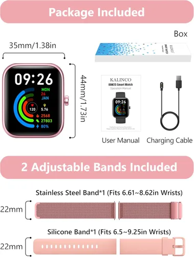 Miniatura 8 de KALINCO - Reloj inteligente para mujer [2 bandas, caja de 44mm] Alexa, rastreador de fitness, monitor de ritmo cardíaco, sueño, estrés, reloj Rosa