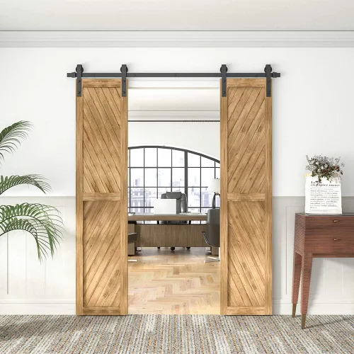 Miniatura 3 de WINSOON Kit de herrajes para puerta corrediza doble de granero para puertas dobles, armario de madera, superficie negra, estilo antiguo