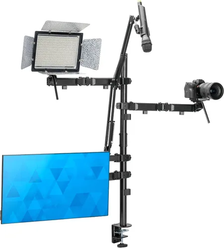 Mount-It! Soporte de escritorio de transmisión todo en uno – Configuración de 4 brazos para monitor, cámara, anillo de luz y micrófono – Equipo de
