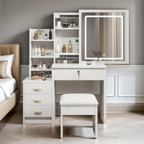 Runboll - Tocador con espejo LED y luces, mesa de maquillaje con taburete acolchado, juego de tocador con 4 cajones, 3 estantes para dormitorio