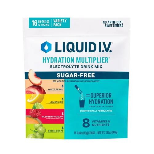Liquid I.V.® Multiplicador de hidratación sin azúcar, paquete variado – Melón frambuesa, limón lima, melocotón blanco, uva verde | Mezcla de bebida