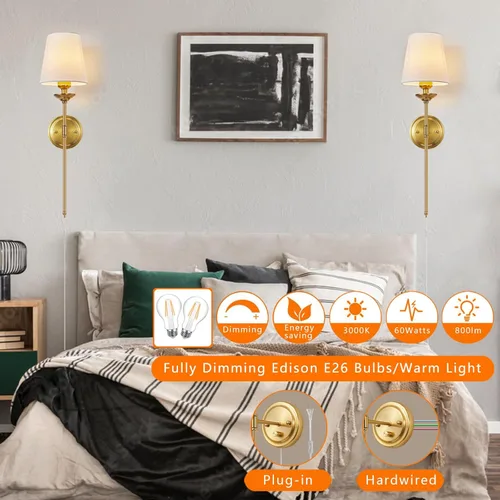 Miniatura 2 de Juego de 2 apliques de pared regulables enchufables, lámpara de pared dorada para mesita de noche con interruptor regulador de perilla y cable