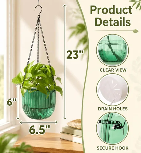 Miniatura 2 de Pumtus Paquete de 3 macetas colgantes para plantas de interior, maceta de riego automático de 6.5 pulgadas con orificio de drenaje, cesta colgante