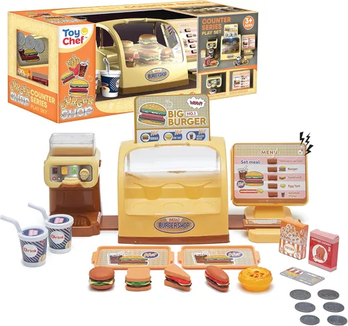 Miniatura 2 de Juego de hamburguesas con menú de juguete, juego de cocina para niños, soporte retro para comedor para niños, juego de cocina para niños pequeños