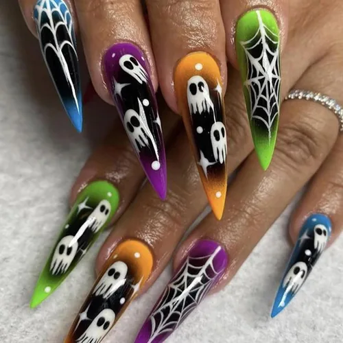 Miniatura 11 de Uñas postizas largas a presión estilo stiletto, uñas postizas francesas degradadas blancas, uñas postizas brillantes de cobertura completa