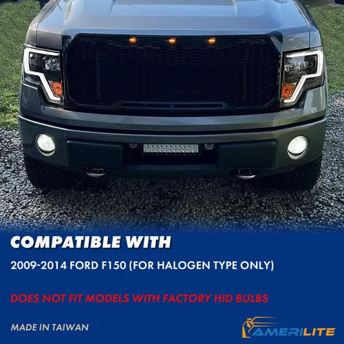 Miniatura 9 de AmeriLite para camioneta Ford F150 2009-2014, juego de faros delanteros LED de barra cuadrada, proyector halógeno negro, haz alto/bajo incluido