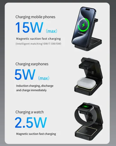 Miniatura 3 de Cargador inalámbrico 3 en 1 actualizado 2026 para iPhone, cargador magnético de viaje, estación de carga inalámbrica plegable compatible
