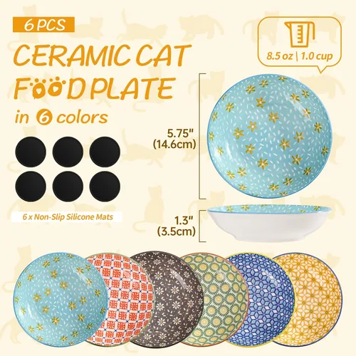 Miniatura 2 de Cuencos de cerámica para gatos – Serie floral colorido juego de 6 cuencos para gatos – Cuencos de alimentación para gatos con alfombrilla