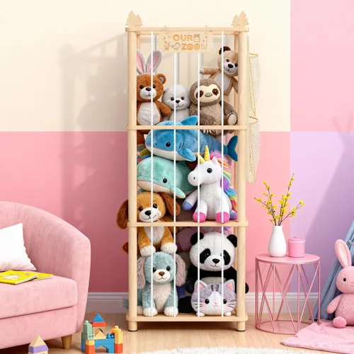 Miniatura 2 de Almacenamiento de animales de peluche: organizador grande de almacenamiento de juguetes de madera con 1 red de almacenamiento extraíble para colgar