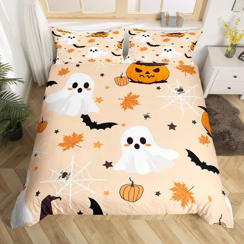 Erosebridal Funda de edredón de calabaza con diseño de murciélagos para Halloween, juego de ropa de cama con sombrero de bruja, funda de edredón de