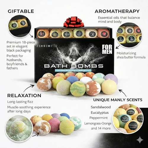 Miniatura 2 de Bombas de baño para hombres, juego de regalo de 18 bombas de baño orgánicas perfumadas hechas a mano de 2.5 onzas con aceites esenciales naturales.