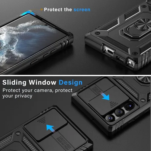 Miniatura 2 de PASNEW Funda para Samsung Galaxy S22 Ultra 5G, soporte de anillo de dedo y cubierta de cámara, carcasa de protección militar multicapa resistente a