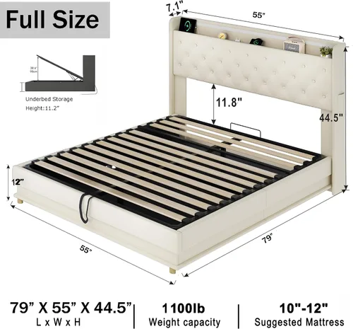 Miniatura 2 de Ailisite Cama de almacenamiento elevable de tamaño matrimonial, cama de plataforma tapizada con cabecera de almacenamiento con botones capitoné