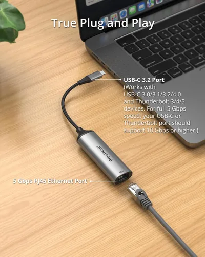 Miniatura 3 de BrosTrend Adaptador USB C a Ethernet de 5 Gb, adaptador de red Ethernet de aluminio a tipo C Plug & Play para Windows MacOS, etc., compatible