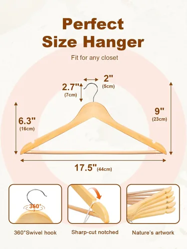 Miniatura 8 de HOUSE DAY - Juego de 10 perchas de madera con barra antideslizante para pantalones, percha de madera resistente para clóset, perchas de madera