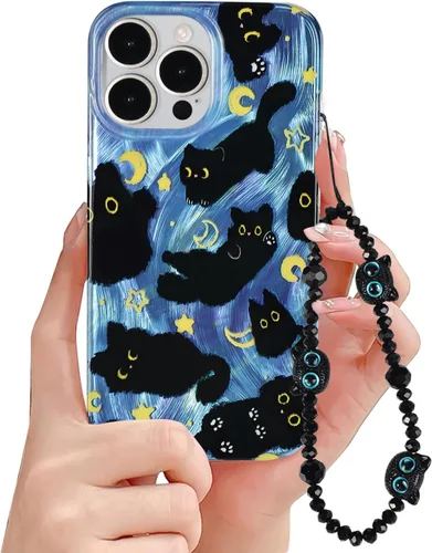 Miniatura 12 de Funda de teléfono para iPhone 11 con patrón de gato lindo, estética, genial y femenina con correa de encantos de teléfono y cadena, funda protectora