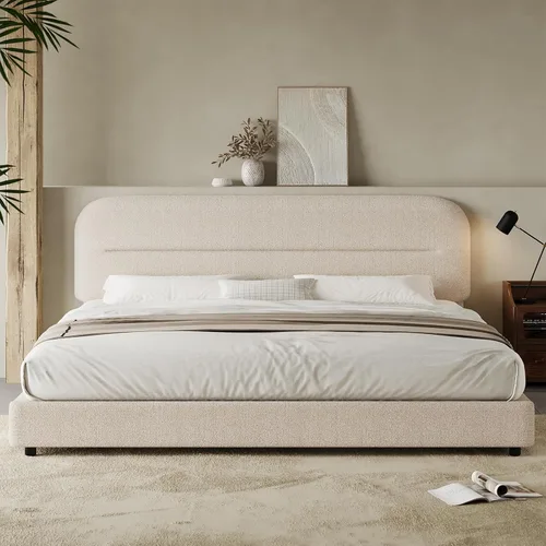 Miniatura 10 de HOMBCK - Base de cama tapizada de tejido bouclé con cabecera suave con diseño de esquinas redondeadas, listones de madera, no requiere somier, fácil