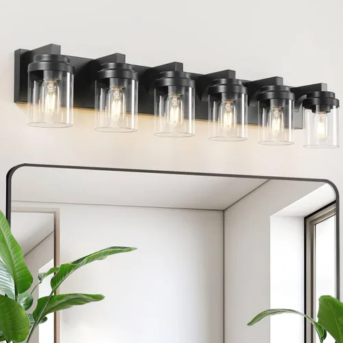 Luces de tocador, lámparas de baño de 38 pulgadas sobre espejo, 6 luces de tocador de baño con pantalla de vidrio transparente, lámparas de pared