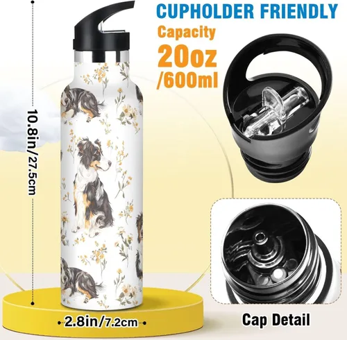 Miniatura 2 de Robust Australian Shepherd Dogs White Double-Wall Insulation Reusable Water Bottle Insulated with Straw Lid BPA-Free Leak Proof for Sport Gym 16