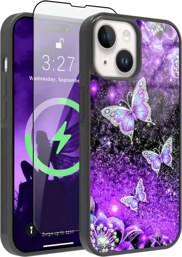 Miniatura 21 de OOK Funda Magnética para iPhone 15 Plus Diseño de Nebulosa Espacial de Flores Morado Profundo [Compatible con MagSafe] PC Duro + TPU Suave