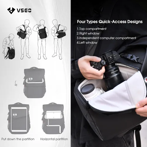 Miniatura 6 de VSGO Mochila negra para cámara Snipe de 16 litros, ligera, 2.4 lbs, bolsa de fotografía profesional DSLR/SLR para Sony, Canon, cámaras Nikon