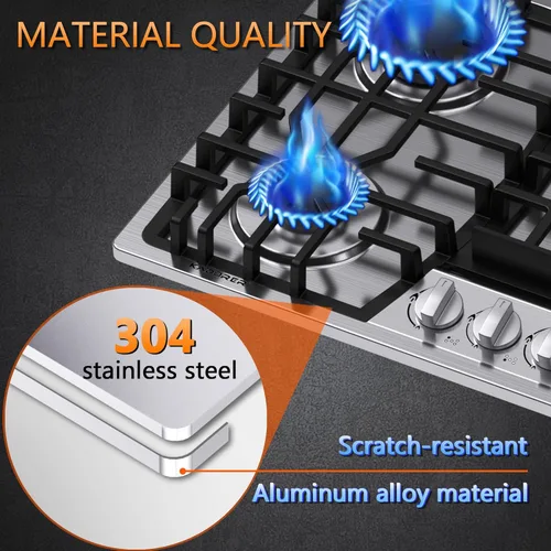 Miniatura 5 de Cocina de gas integrada de 30 pulgadas, 5 quemadores sellados Italia SABAF de gas 41,800BTU, convertible a NG/LPG, estufa de gas de acero inoxidable