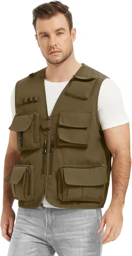 Miniatura 9 de Flygo Chaleco de carga para hombre, casual, ligero, al aire libre, pesca, trabajo, safari, viajes, fotos, con múltiples bolsillos