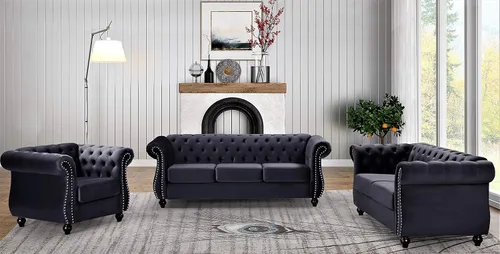 Miniatura 3 de Container Furniture Direct Feinstein - Sofá Chesterfield de terciopelo moderno para sala de estar con cabezas de clavos, acolchado de diamante