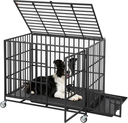 Garvee Jaula para perros de 42 pulgadas, resistente de metal, a prueba de escapes, con 3 puertas, bandeja extraíble, jaula grande con ruedas para