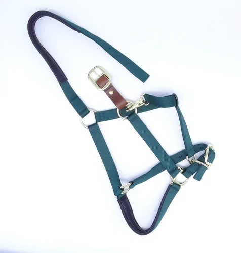 Miniatura 4 de Cabestro para caballo, nailon acolchado, separador de cuero, barbilla ajustable y broche de garganta, tamaño completo de caballo
