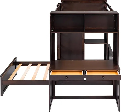 Miniatura 7 de Cama tipo loft multifuncional de tamaño individual con una cama y escritorio independientes, cama tipo loft de madera maciza con estantes y armario