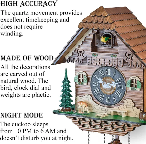 Miniatura 2 de TIMEGEAR Reloj de pared de cuco con modo nocturno, movimiento de cuarzo y péndulo oscilante (La granja)