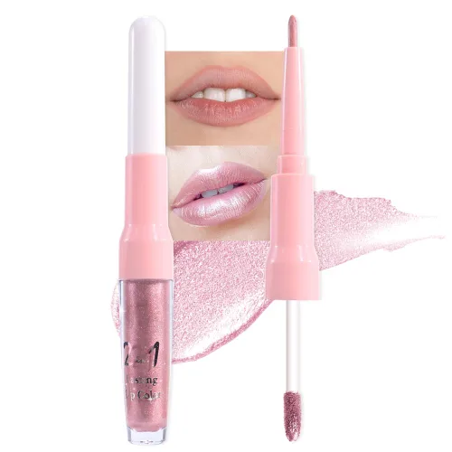 Miniatura 2 de evpct Juego de delineador de labios y lápiz labial metálico rosa claro, para mujeres, de larga duración, impermeable, 24 unidades, color rosa claro
