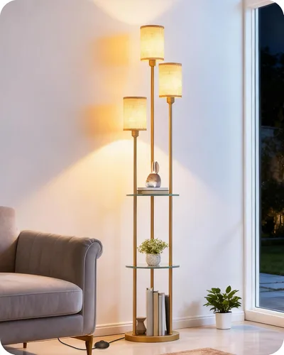 Miniatura 11 de Lámpara de pie de 180 cm con estantes, lámpara de pie moderna con 3 pantallas de lino y interruptor de pie, lámpara de pie de 3 luces, para sala